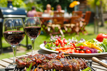 Obraz premium Backyard dinner table have a tasty grilled BBQ meat, Salads and wine with happy joyful people on background
