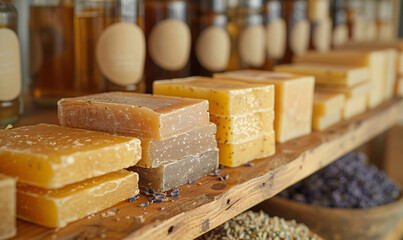Organic handmade soap with lavender sprinkles, displayed on timber shelf. Eco-conscious skincare...