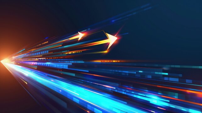 Illustration up arrow speed line on blue technology copy space background. AI generated image