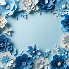  Background of paper flowers with empty space for text or greeting card design. Blue tones.