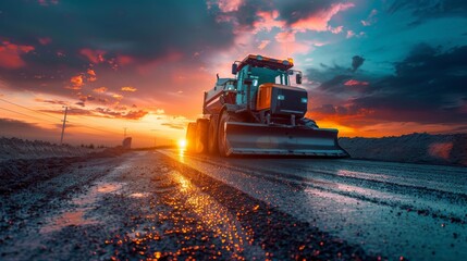 Asphalt laying process with industrial paving machine at sunset, vibrant sky background - obrazy, fototapety, plakaty
