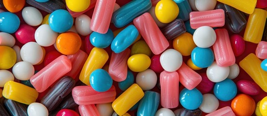 A close-up view of a variety of colorful pills scattered in a pile, showcasing different shapes, sizes, and hues.