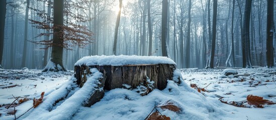 A snow-covered tree stump stands in the heart of a dense forest, surrounded by a winter wonderland landscape. - Powered by Adobe