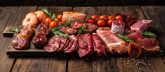A variety of fresh meats and vegetables neatly arranged on a wooden cutting board for food preparation.