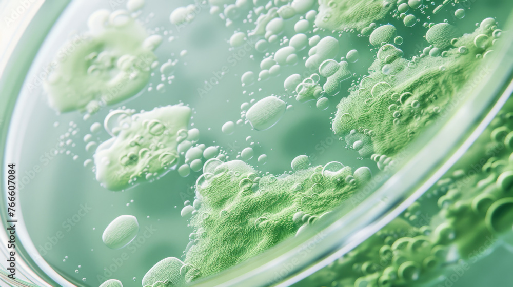 Poster petri dish with clusters of green microalgae under examination in a lab setting.