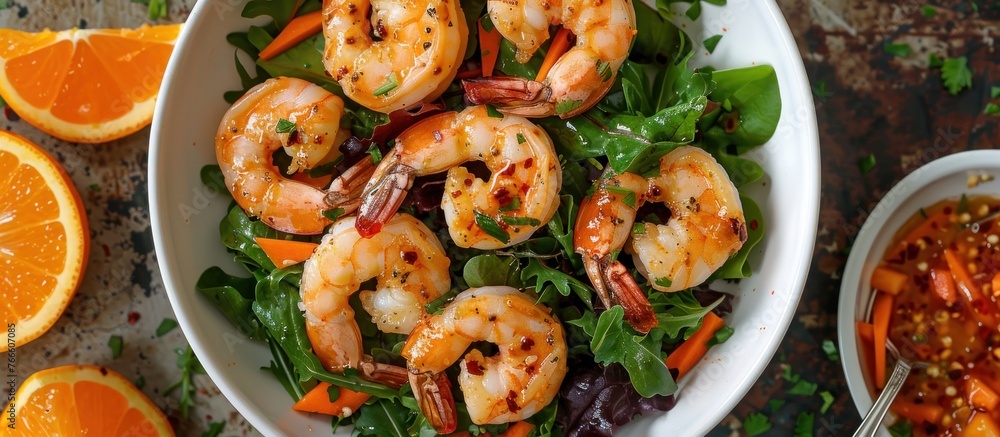 Poster a bowl of shrimp salad sits next to a bowl of fresh carrots on a table. the salad is topped with fre