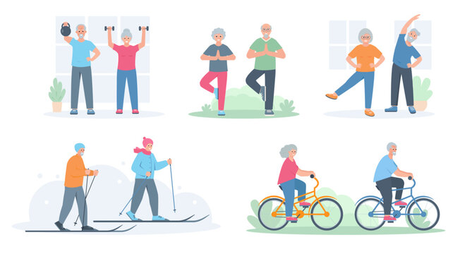 Set of Happy Elderly people doing exercises, yoga, skiing and riding bike. Senior men and women sport active healthy lifestyle concept. Vector cartoon or flat illustration.