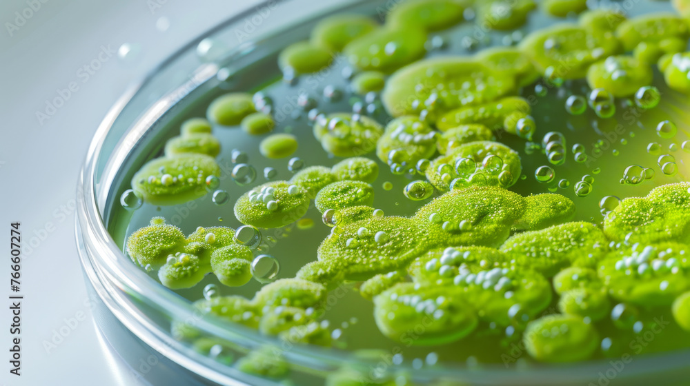 Poster petri dish with clusters of green microalgae under examination in a lab setting.
