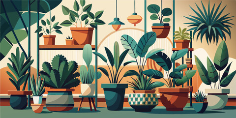 The room is filled with various plants in clay pots - obrazy, fototapety, plakaty