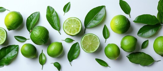 A cluster of vibrant green limes with lush leaves arranged neatly on a white background. - obrazy, fototapety, plakaty