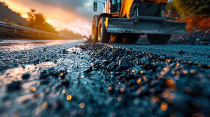 Close-up view of fresh asphalt being laid during road construction at sunset