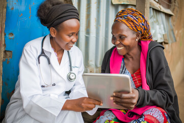 Black woman, doctor and senior patient with tablet, results and happy for health clearance, advice or report. African medic, mobile touchscreen and healthcare with smile, tech and support in hospital © Mayava