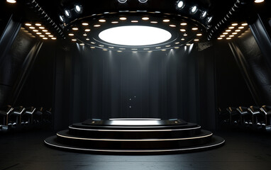 A black background with three spotlights shining. Three spotlights illuminating empty stage background. Raster illustration lightning template.
