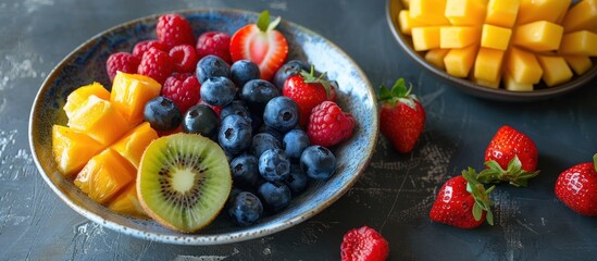 A vibrant bowl of assorted fruit sits beside a bowl filled with ripe strawberries, creating a...