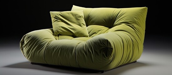 An image showing a detailed view of a chair in green color adorned with soft pillows on the seat