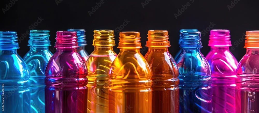 Poster a collection of vibrant glass bottles in various colors neatly aligned next to each other.