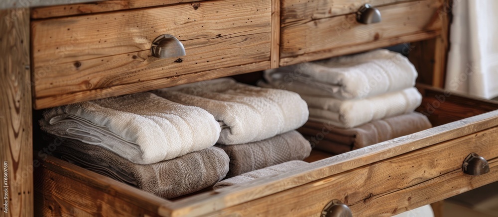 Poster a rustic wooden drawer neatly filled with folded towels, creating an organized and tidy storage solu