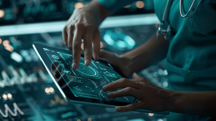 A healthcare professional is interacting with a futuristic digital tablet displaying medical data.