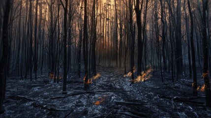 A burnt forest landscape with charred trees after a wildfire