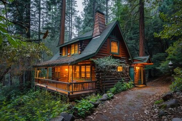 Cozy house nestled in serene woods, idyllic forest retreat, peaceful escape