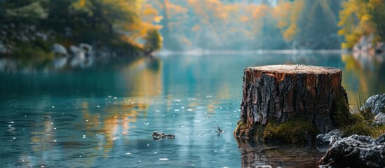 A tree stump rests in the center of a lake, surrounded by water. The reflection of the stump is visible on the calm surface of the lake.