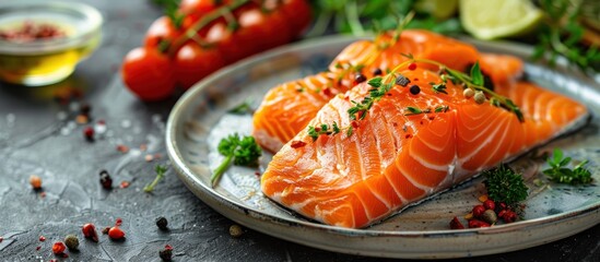 Two raw salmon fillets lie on a round white plate, dusted with seasoning. The vibrant pink fish contrasts with the plate, creating a visually appealing culinary scene. - obrazy, fototapety, plakaty