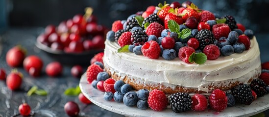 A delectable homemade cake topped with fresh berries and creamy frosting, displayed on a plate.