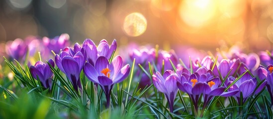 A field filled with vibrant purple flowers under the bright suns glow in the background.