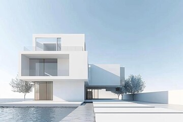 Contemporary modern house exterior, minimalist architecture illustration, 3D rendering