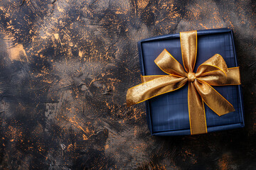 Dark blue gift box with gold satin ribbon on dark background. Top view of birthday gift with copy space for holiday or Christmas present