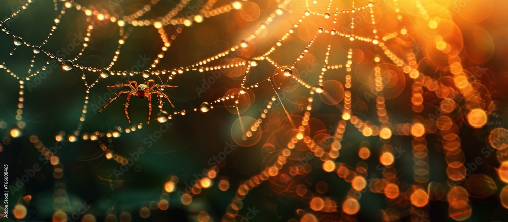 Poster detailed close-up of a spider web covered in glistening dew droplets, showcasing the intricate patte