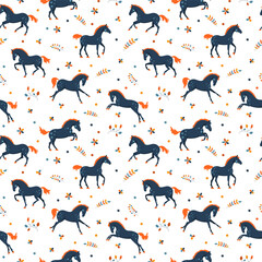 Cute seamless pattern with running horses