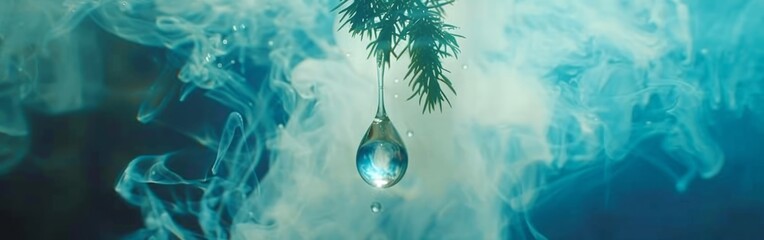 A Drop of Water Hanging From a Tree Branch - obrazy, fototapety, plakaty