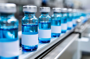 Close-up of medical vials with blue liquid for vaccination. Healthcare and medical research concept. Design for banner with copy space, poster, pharmaceutical brochure.