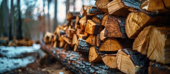 Rustic pile of chopped firewood logs in natural setting for winter heating
