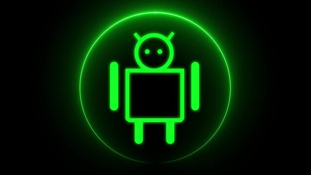 Android icon, Mobile devices with neon circle animation on black background. 
