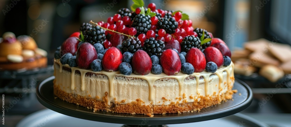 Poster a delectable homemade cake adorned with a variety of fresh berries such as strawberries and blueberr