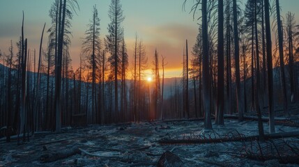 Fototapeta premium Charred remains of a forest with the sunrise peering through