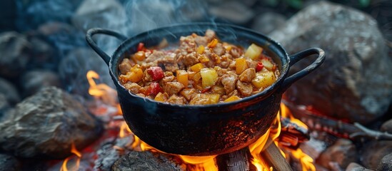 A pot is filled with food and placed on top of a fire, cooking the delicious meal.
