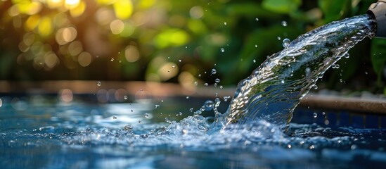 A focused shot showing water gushing from a hose into a pool, creating ripples and bubbles in the clear water. - obrazy, fototapety, plakaty