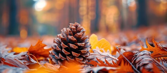 A single pine cone is placed atop a mound of fallen leaves. - obrazy, fototapety, plakaty