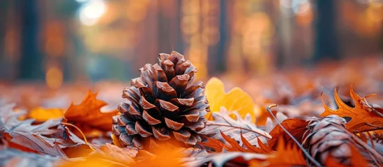 Foto auf Alu-Dibond A single pine cone is placed atop a mound of fallen leaves. © FryArt Studio