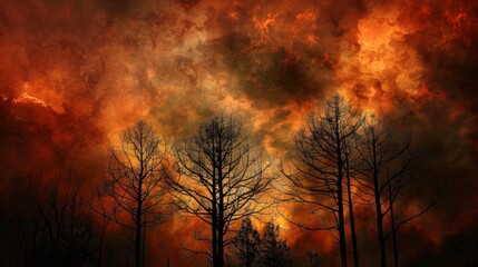 Dramatic silhouette of trees against a fire and smoke-filled sky