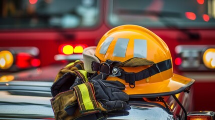 Firefighter's helmet and gloves on the hood of a fire engine