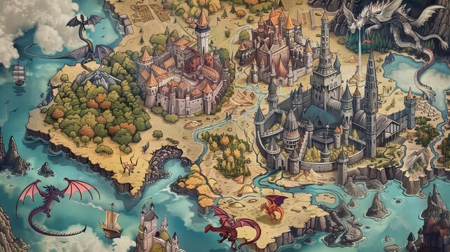 Fantasy kingdom map with castles and dragons