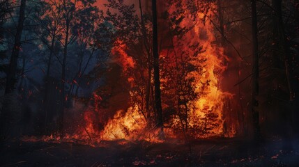 Flames engulfing trees at the edge of a forest at dusk