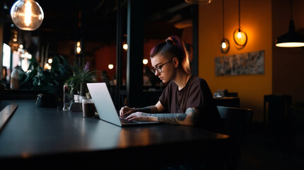A woman is sitting at a table with a laptop in front of her