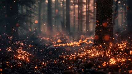 Glowing embers and flames consuming underbrush in a forest - obrazy, fototapety, plakaty