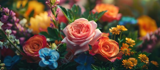 A collection of vibrant and colorful flowers tightly packed in a clear vase, creating a beautiful and lively arrangement. - obrazy, fototapety, plakaty