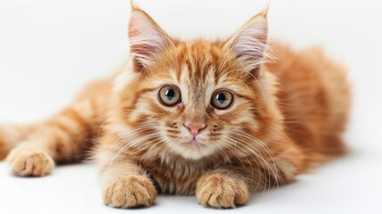 Obraz premium A small orange cat lying down on top of a clean white floor, comfortably resting.